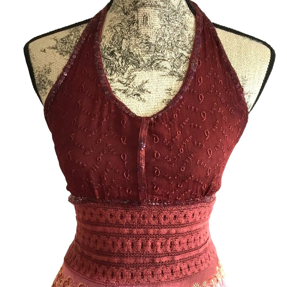 Boho Patchwork Women Halter Dress Sequin Embroidery Asymmetrical Cottagecore S - Picture 4 of 9